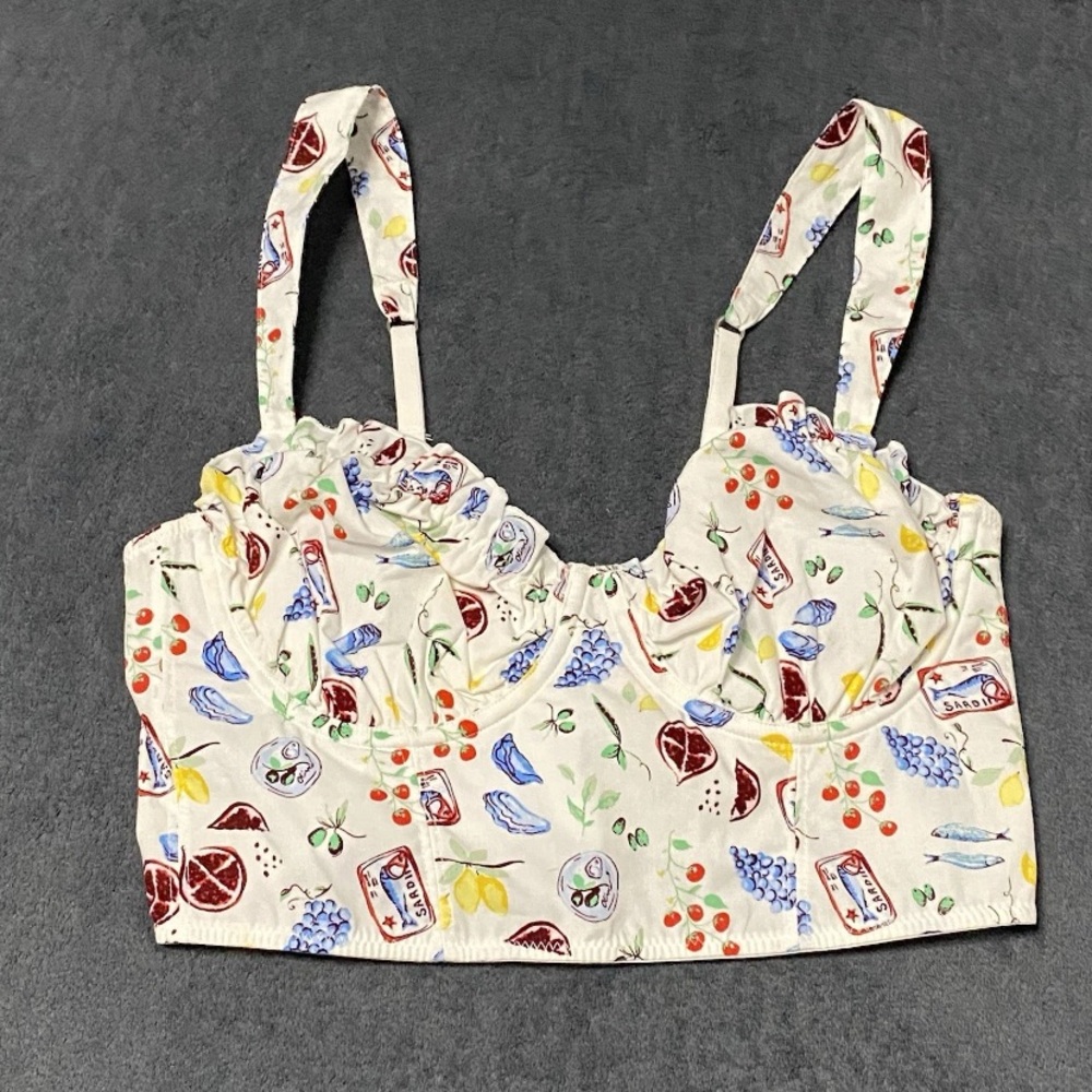 Colsie Longline Bralette Womens S White Novelty Fruit & Sardine Print Crop Top